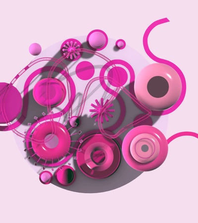 Abstract composition of various pink cylindrical and spherical shapes on a pale pink background.