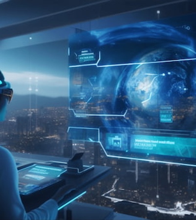 A woman interacts with a futuristic holographic display showing global data in a high-tech environment.