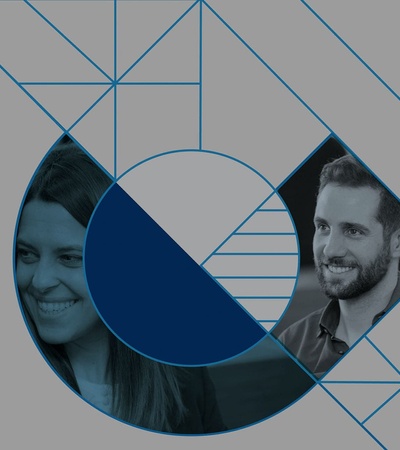 A graphic design featuring two overlapping circular portraits of a smiling woman and a man on a background of geometric shapes.