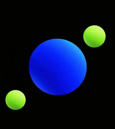 A blue planet with rings and two green moons in a starry space background.