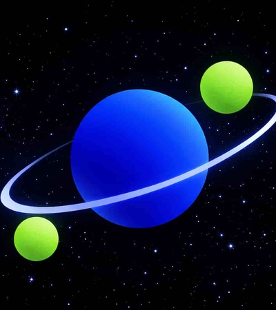 A blue planet with rings and two green moons in a starry space background.