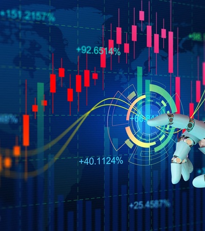 A robotic hand interacting with a digital financial graph.