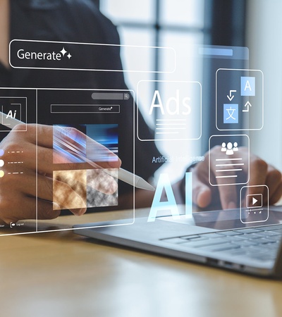 A person using a digital device with floating interface elements related to AI and ads.