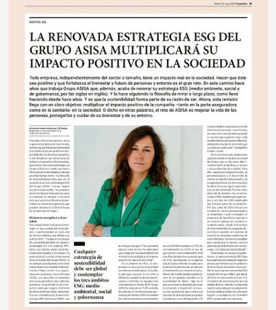 A newspaper article featuring a woman in a green blouse, with text discussing the renewed ESG strategy of the Asisa Group.