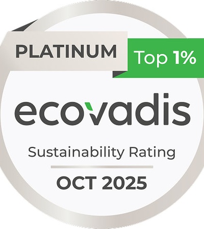 A badge indicating a Platinum Ecovadis Sustainability Rating for October 2025.