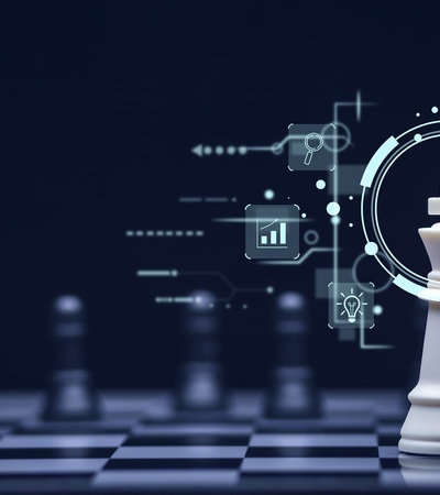 A digital chess theme featuring a white king piece with an abstract technological overlay.