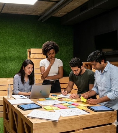 A group of four people collaborating on a project while working on a table covered with colorful sticky notes in a modern office environment.