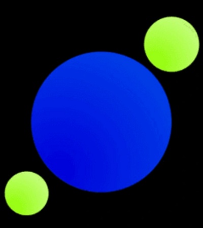 A blue sphere with two small green spheres on either side against a black background.
