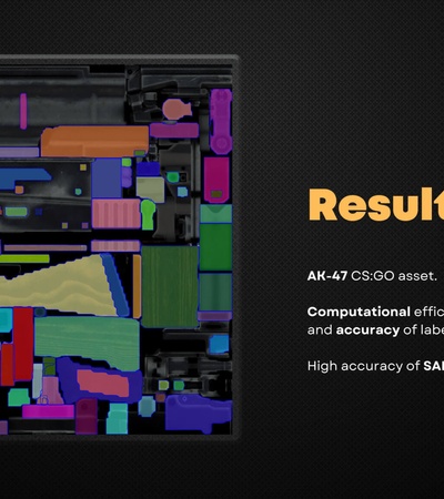 A color-coded breakdown of an AK-47 asset from Counter-Strike: Global Offensive, highlighting its computational efficiency and label accuracy.