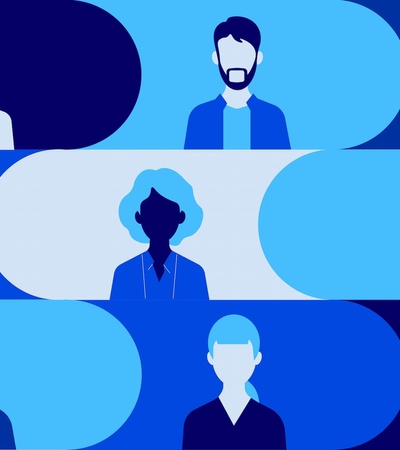 Illustration of multiple stylized people with varying hairstyles and outfits set against a blue background.