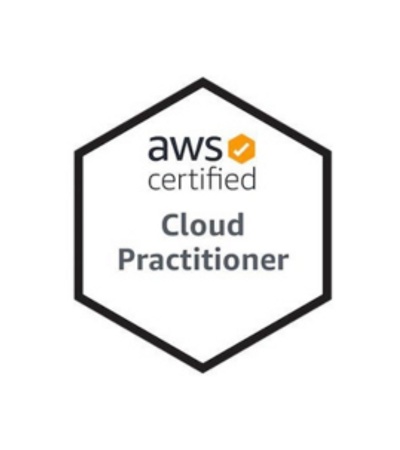 AWS Certified Cloud Practitioner logo consisting of text and a hexagonal shape.