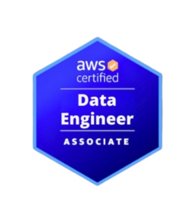 Logo of AWS Certified Data Engineer Associate on a hexagonal blue background.