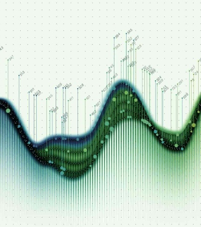 Abstract image depicting digital data flow in a waveform pattern with rising vertical lines and data points.
