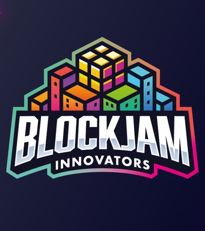 A vibrant logo design for BlockJam Innovators featuring colorful geometric shapes.