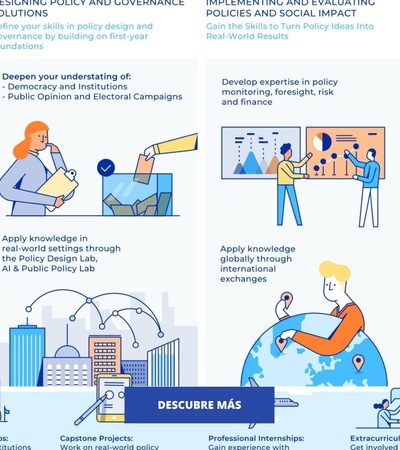An informative graphic outlining various educational opportunities and skills related to policy design and governance.