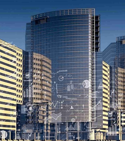 A digital artwork of a futuristic cityscape overlaid with various technological and scientific diagrams.