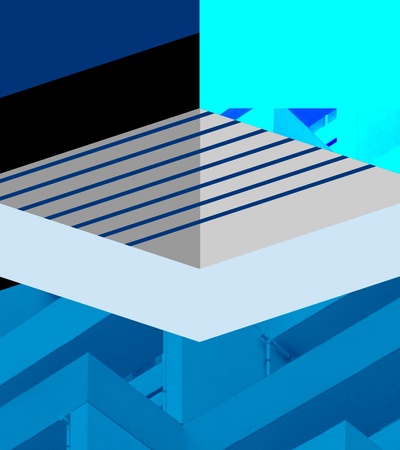 Abstract geometric art featuring a floating square platform with stripes over a staggered blue background.