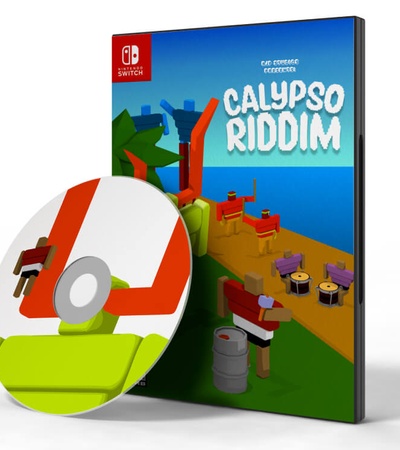 A 3D illustration of a video game packaging for 'Calypso Riddim' for Nintendo Switch, featuring a colorful box cover and a disc.