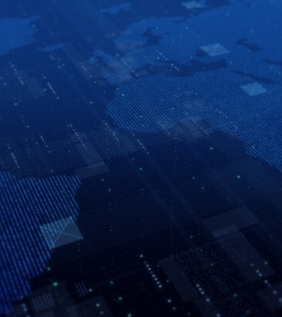 A digital map of the world displayed in a dark, technological style with blue tones.