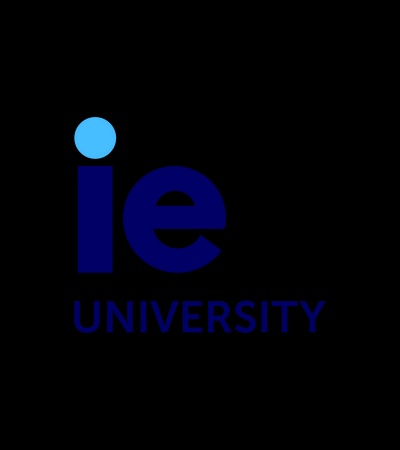 Logo of IE University consisting of a stylized abbreviation 'ie' next to the full name 'IE UNIVERSITY' in blue color on a black background.