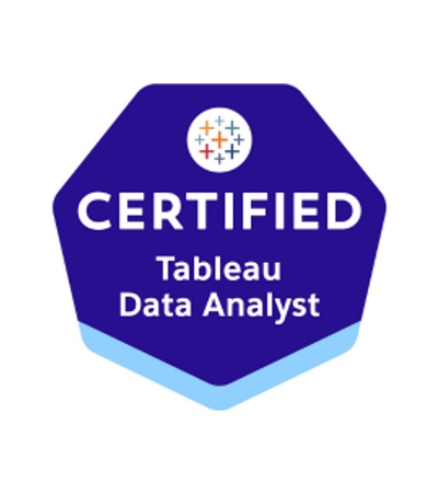 Logo of a Certified Tableau Data Analyst certification, featuring a hexagonal blue badge with stylized global grid.