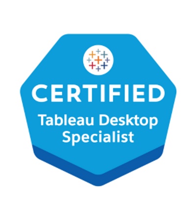 Logo of Certified Tableau Desktop Specialist certification with a blue hexagonal background.