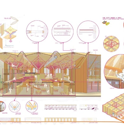 This is an architectural presentation board showing various diagrams, plans, and renderings of a building project.