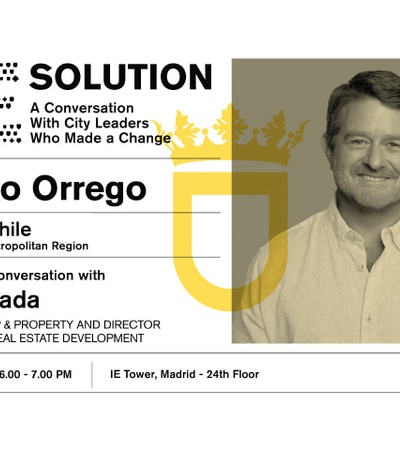 Event flyer featuring Claudio Orrego, Governor of the Metropolitan Region of Santiago, Chile, for a conversation event at IE Tower, Madrid.