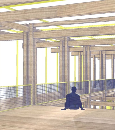 Silhouetted figures walking and sitting inside a skeletal architectural structure made of wood.