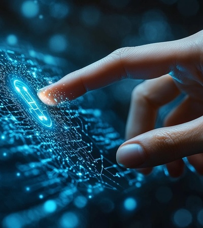 A hand touching a glowing digital interface.