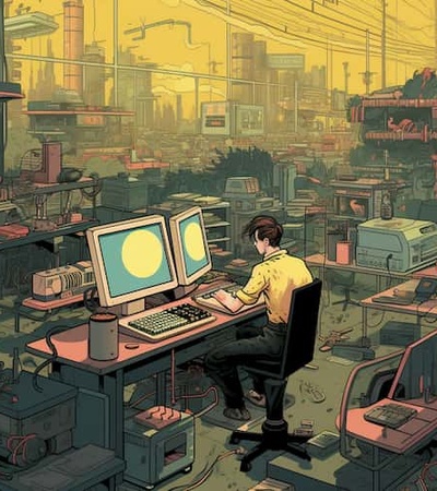 An illustration of a man working on a computer in a cluttered, dystopian workspace with a polluted cityscape in the background.