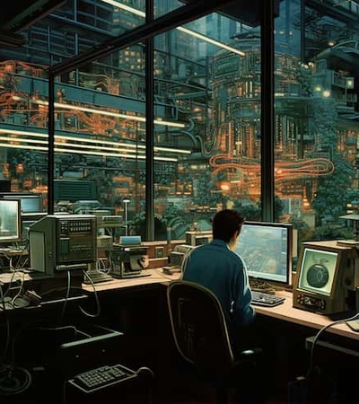 A person is sitting at a desk with multiple computer screens, overlooking a vast, intricate industrial cityscape at night through large windows.