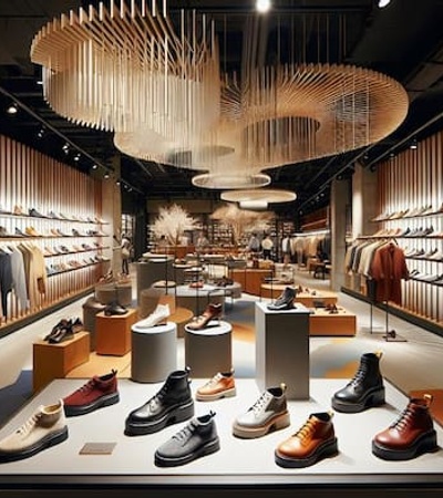 Modern shoe store interior showcasing various styles of footwear on pedestals and wall shelves under stylish lighting fixtures.