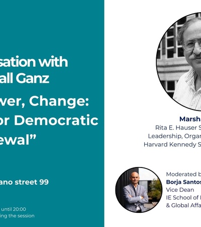 A promotional poster for a conversation with Marshall Ganz on democratic renewal.
