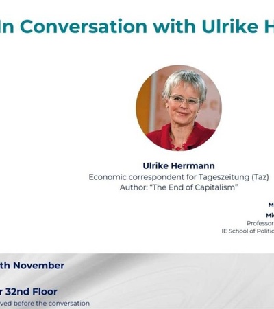 Promotional poster for an event titled 'In Conversation with Ulrike Herrmann', featuring speaker Ulrike Herrmann and moderator Mitchell Becher, scheduled for the 8th November at IE Tower.