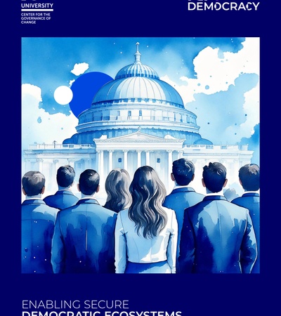 Illustration of a group of people in business attire looking towards a large domed building, promoting AI for democratic ecosystems.