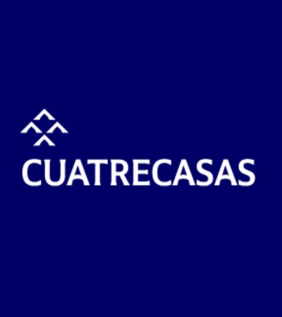 A logo design featuring the name 'Cuatrecasas' on a blue background.