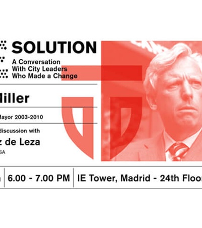A promotional poster for an event featuring David Miller, former Mayor of Toronto, discussing city leadership.