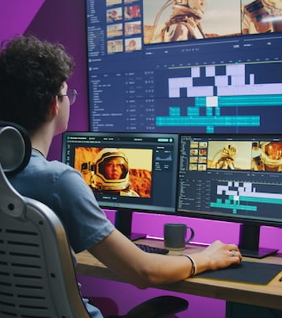 A person editing a video project on multiple computer screens in a dimly lit room.