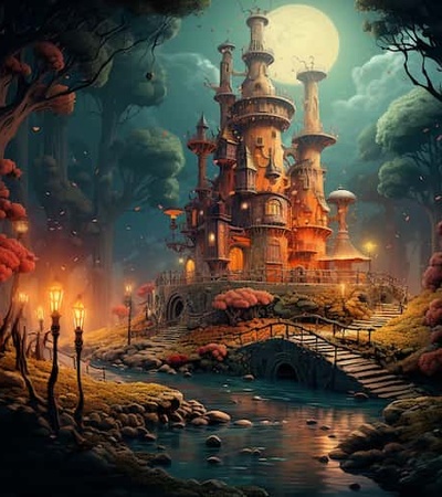 A fantastical castle illuminated by glowing lights amidst a mystical forest at dusk.