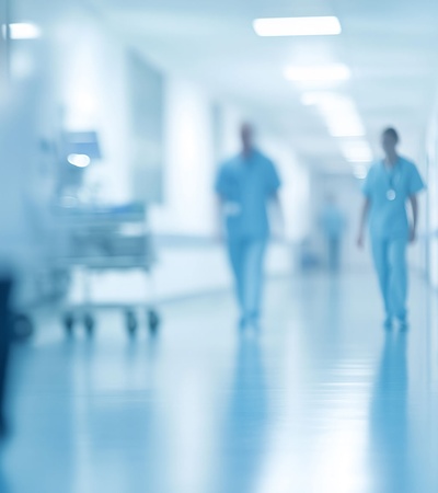 A blurred scene of healthcare professionals walking down a hospital corridor.