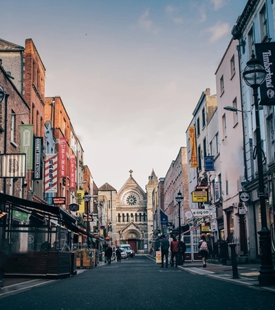 Dublin street with a church