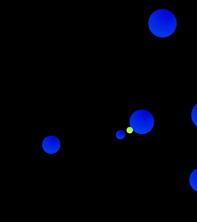 Abstract image of variously sized blue and green circles scattered over a black background.