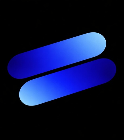 A graphic design featuring two blue oval shapes on a black background.