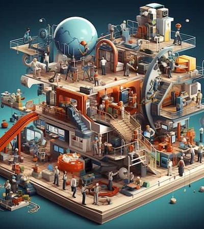 A detailed illustration of a bustling multi-level industrial complex on a large floating platform, featuring numerous workers engaged in various scientific and mechanical activities.