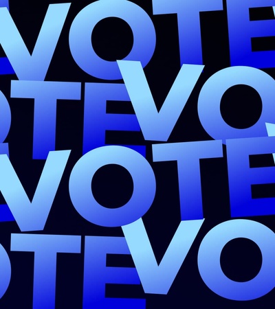 A graphic design featuring the repeated word 'VOTE' in varying sizes and shades of blue.