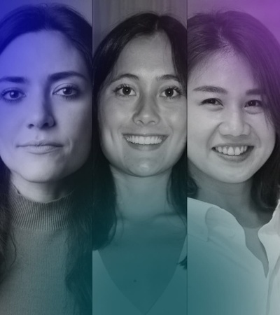 A collage of five women with different backgrounds, each section colored in varying shades like purple, blue, and gray.