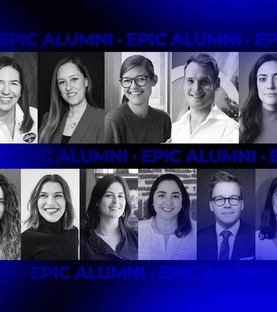 A collage of portrait photos featuring diverse individuals, overlaid with labels saying 'EPIC ALUMNI', with color transitions from blue to purple.