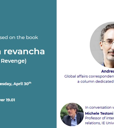 A promotional graphic for an event featuring a conversation about the book 'The Age of Revenge'.