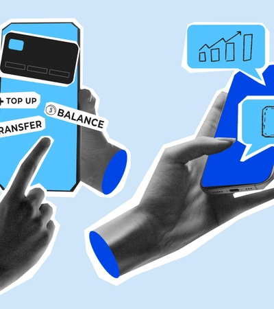 A digital illustration depicting hands interacting with smartphones displaying financial transaction options.